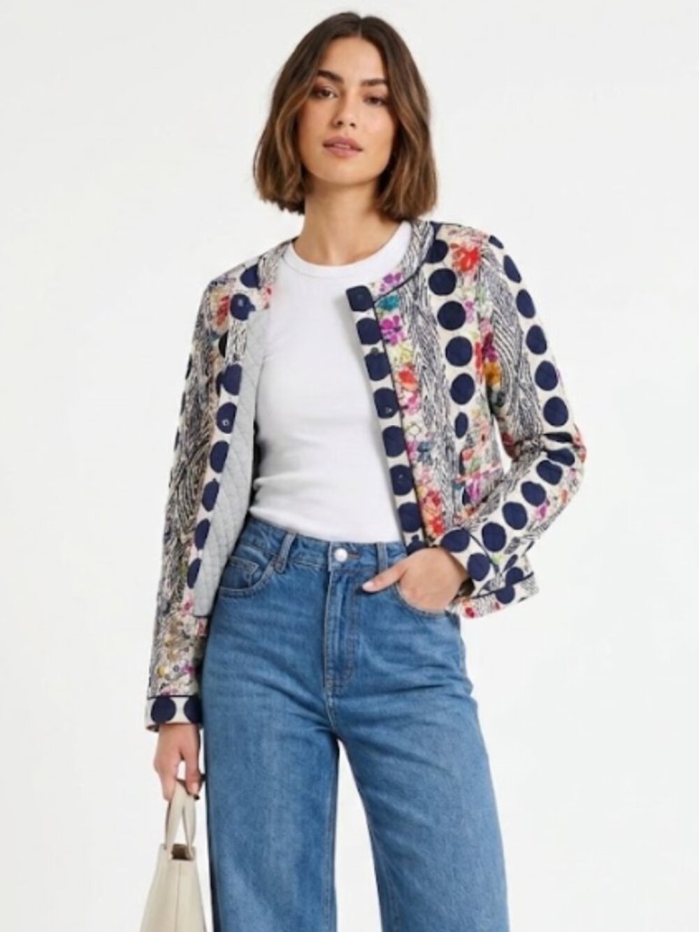 Isani | Anthropologie Salta Floral Dot Quilted Jacket Navy Blue | Size 4